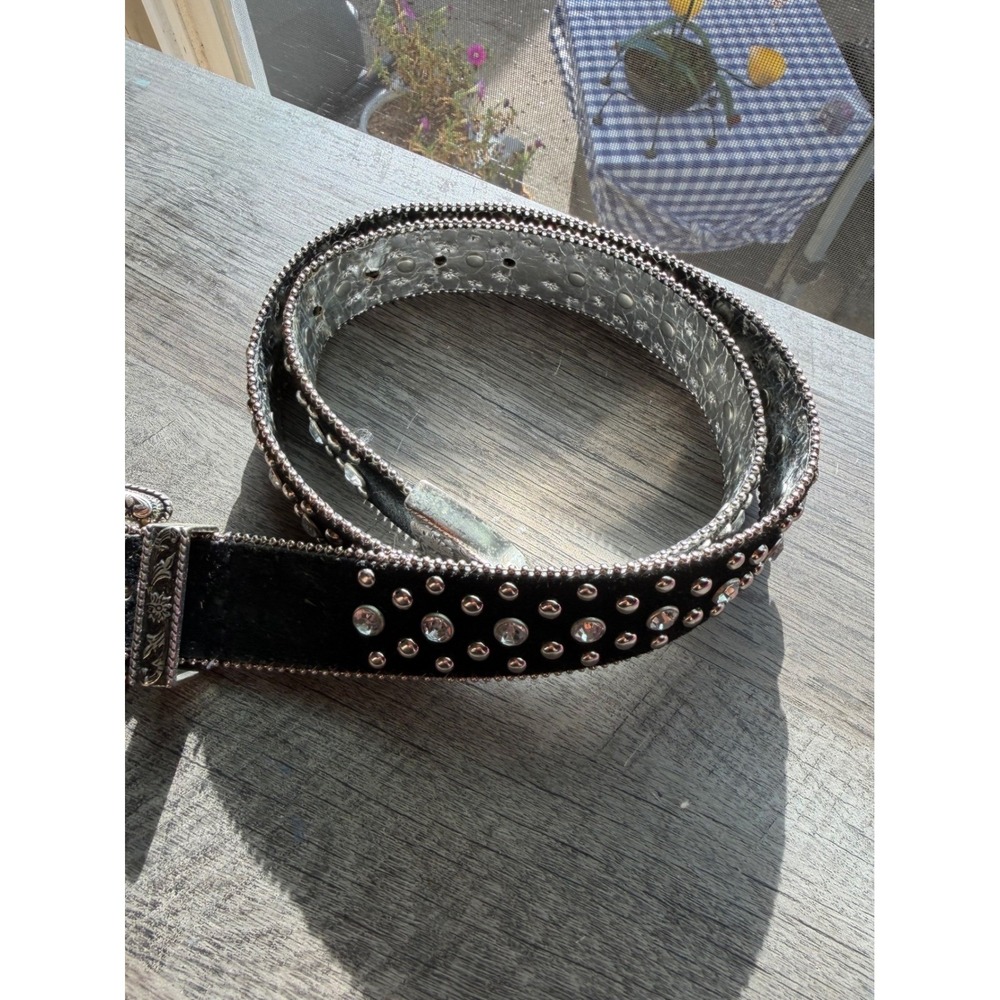 Guess Womens Western Studded Rhinestone Belt Black Silver Metallic Buckle